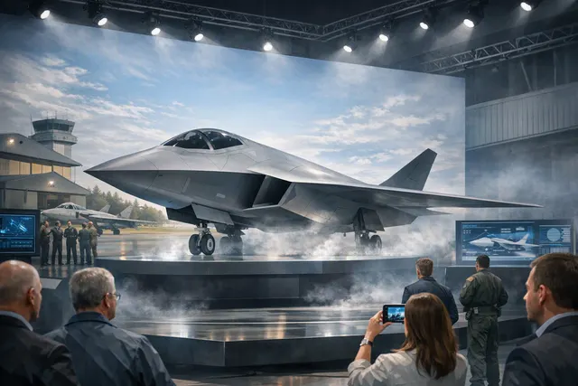 Concept illustration of Saab A3-001, a tailless unmanned combat aircraft flying alongside a Gripen E
