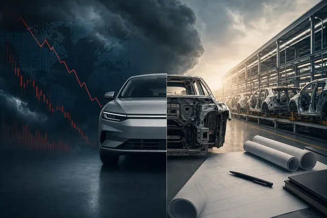 AI-generated editorial illustration accompanying coverage of Volkswagen’s profit warning and restructuring