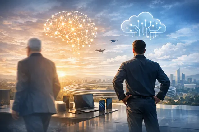 Conceptual illustration of John Ternus leading Apple into a hardware-focused artificial intelligence era