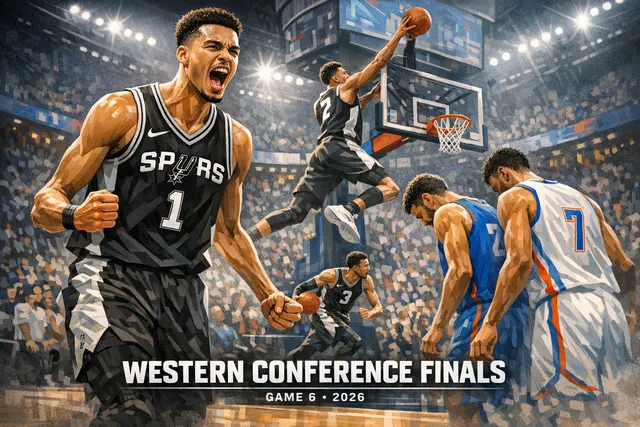 Victor Wembanyama driving to the basket during Game 6 of the Western Conference Finals as the Spurs force a Game 7 against the Thunder.