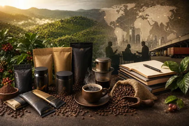 Illustration representing Trung Nguyen Legend coffee brand and global coffee business expansion