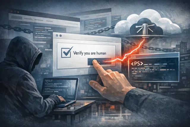 Illustration of a fake CAPTCHA leading to a PowerShell attack and reverse tunnel on a Windows computer