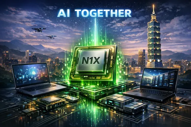 A futuristic Computex 2026 exhibition floor in Taipei, featuring holographic chip displays and crowds of attendees under the "AI Together" theme.