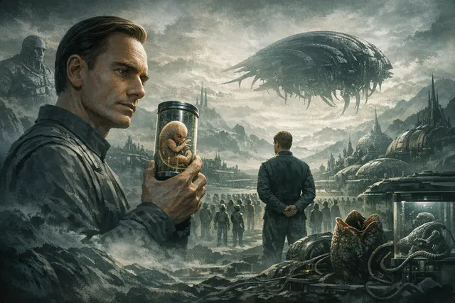 Dark science-fiction illustration of an android figure overseeing a distant alien world, evoking David’s proposed new world in the Alien: Covenant sequel