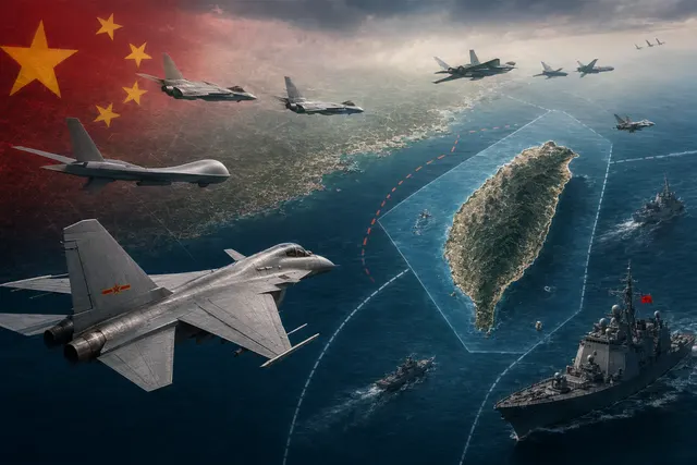 Editorial illustration of Chinese military aircraft and naval vessels operating near Taiwan in the Taiwan Strait