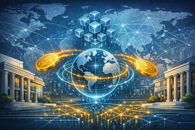 Illustration of HSBC and Standard Chartered connecting separate tokenised-deposit ledgers through Swift’s blockchain-based orchestration layer