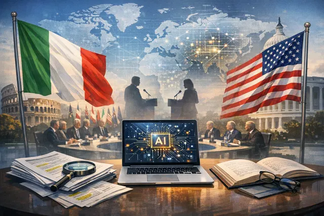 Abstract visual representing Italy joining the Pax Silica AI initiative amid diplomatic tensions between Prime Minister Meloni and President Trump