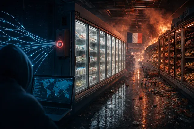 Illustration of supermarket refrigerators displaying rising temperatures during a cyberattack