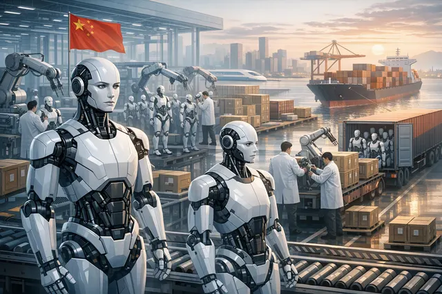 Humanoid robots working in a modern Chinese factory and logistics facility