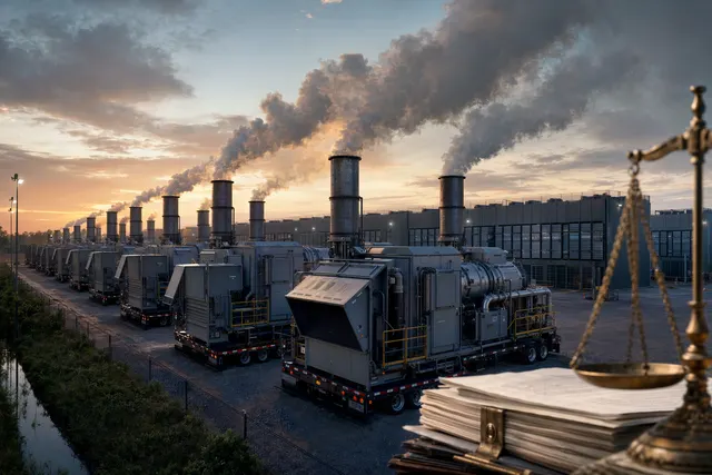Natural‑gas turbines mounted on trailers powering a large AI data center facility