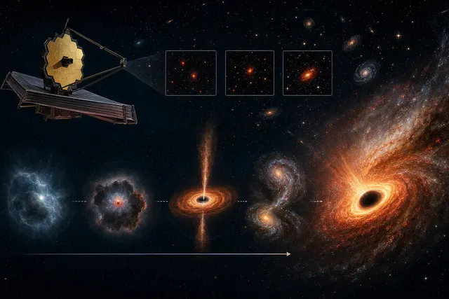 Editorial illustration of JWST little red dots and a gas-shrouded black hole in the early universe