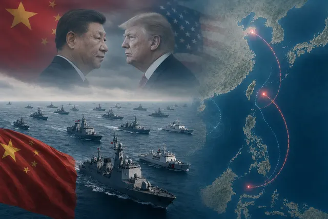 Illustration of a large Chinese naval and coast guard fleet operating near Taiwan in regional waters