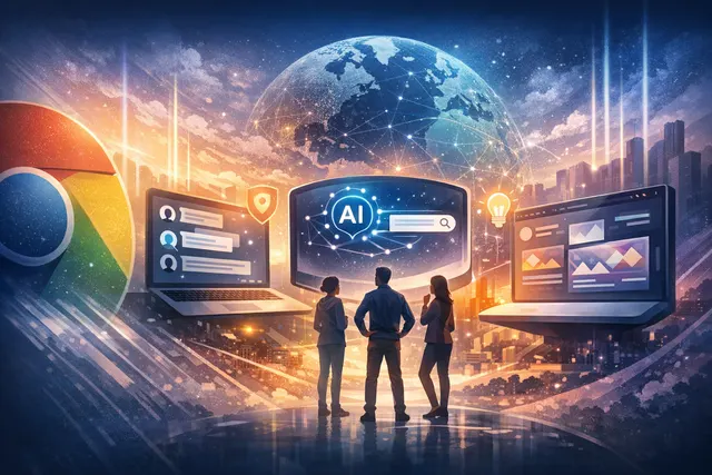 Abstract illustration of multiple interconnected browser windows with glowing AI circuitry and futuristic interface elements representing the new wave of AI-powered web browsers in