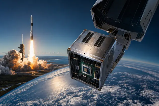 Illustration of a satellite carrying AI computing hardware in orbit, representing Google’s Project Suncatcher concept