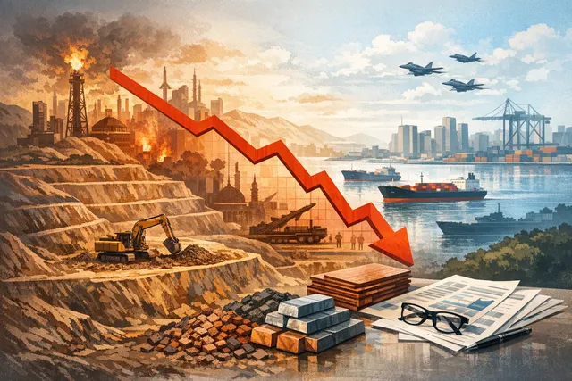 Mining executive evaluating commodity price charts with copper and iron ore growth trajectories in the background