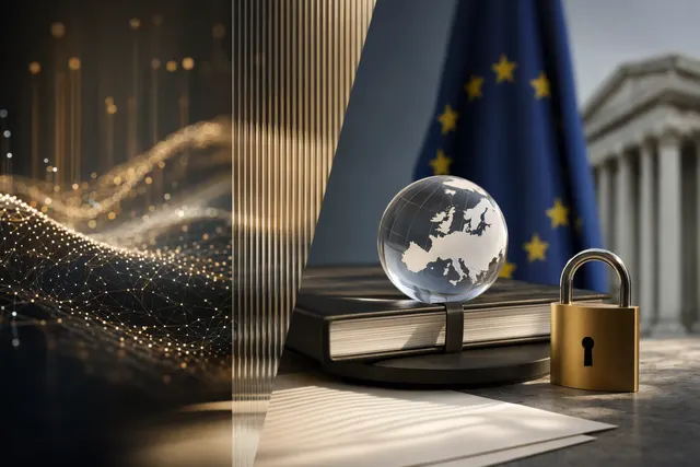 Abstrakte Illustration von KI, Datenschutz und DSGVO-Prüfung in der EU