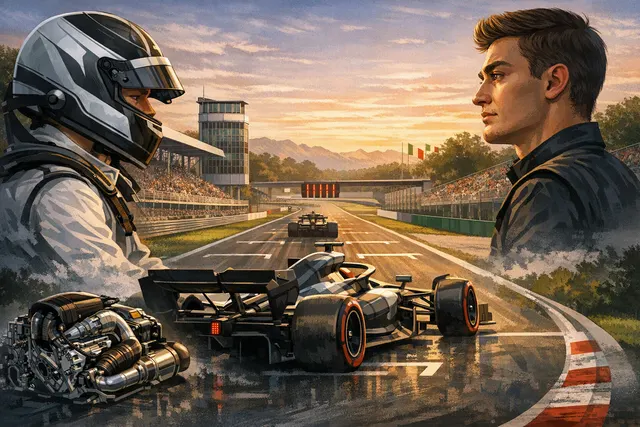 Kimi Antonelli and George Russell in Mercedes Formula 1 cars during the 2026 season, illustrating Antonelli’s Monza power-unit penalty