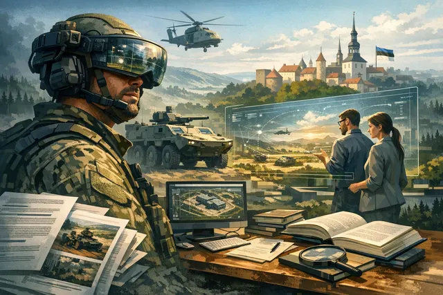 A conceptual illustration of a multi-domain battlefield command center with drone feeds, map overlays, and mixed-reality headsets, representing Vegvisir's unified C2 software.