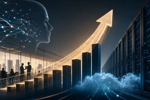 Abstract AI data-center illustration representing Anthropic’s 80x growth and enterprise AI compute demand