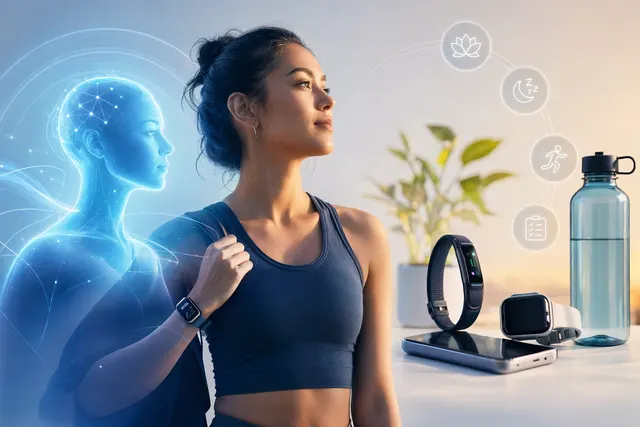 Illustration of AI health tools showing wearable data, health tracking, and clinician-supported decision-making