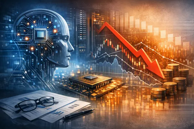 Illustration of investors rotating away from crowded AI and semiconductor positions toward energy, telecom and infrastructure themes