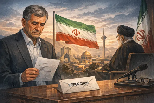 Illustration depicting political tension over the reported resignation of Iran's President Masoud Pezeshkian