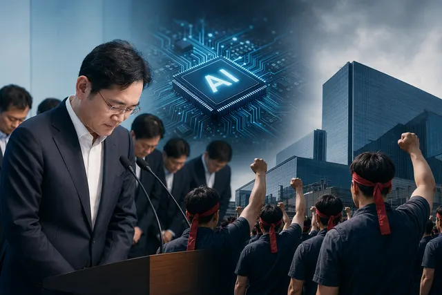 Editorial illustration of Samsung semiconductor workers and AI chips amid a labor strike dispute