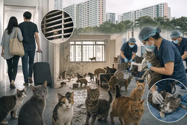 AI-generated editorial illustration accompanying a report on cats left in a Bukit Panjang flat; not a photograph of the rescue