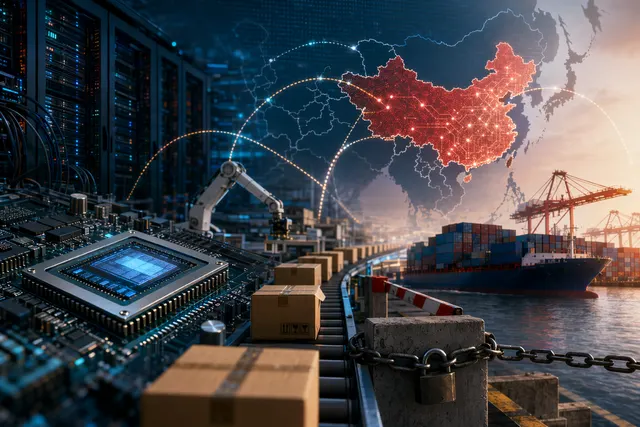 Illustration of China’s AI hardware export boom constrained by semiconductor supply chains