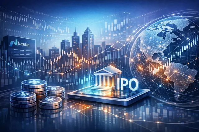 Abstract illustration representing a traditional stock market building connected to a glowing digital blockchain network, symbolizing tokenized IPO access.