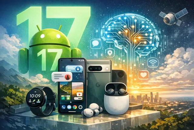 Collage of new Android and Wear OS features including floating app bubbles, screen reaction recording, and AI-powered music creation on a Pixel phone and watch.