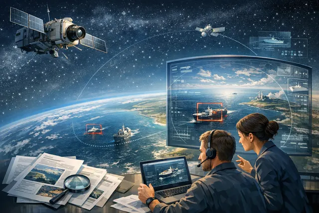 Satellite with AI processing Earth observation data in orbit, representing Ubotica's Orbital AI technology for real-time maritime intelligence.