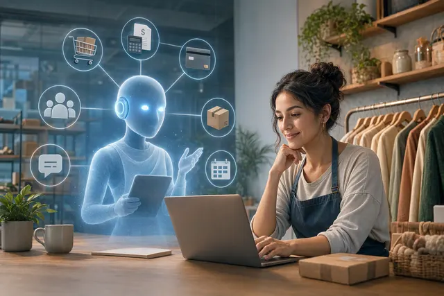 Illustration representing an AI agent connecting small-business tools and social accounts