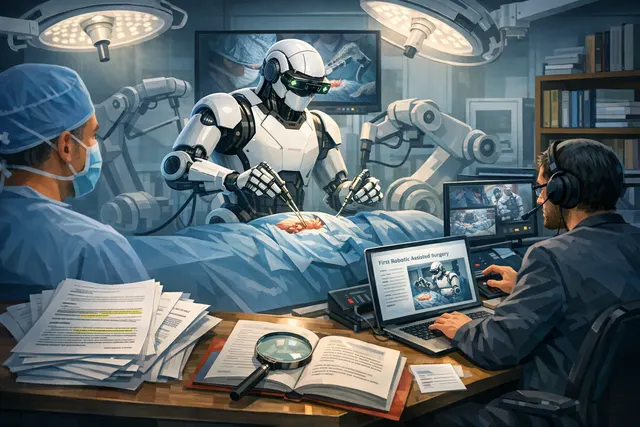 Teleoperated humanoid robot Surgie performing a surgical procedure in an operating room with a surgeon at a control console.