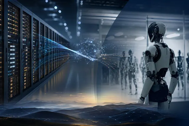 Editorial illustration of humanoid robotics and large-scale AI compute infrastructure
