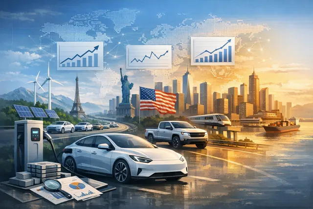 Electric vehicle charging station with multiple EVs plugged in, representing global EV sales growth in May 2026