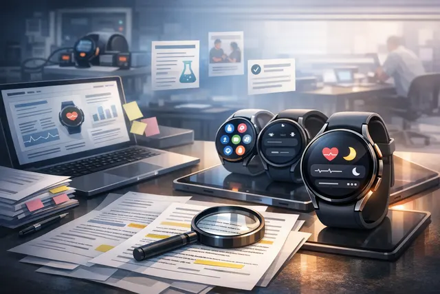 Concept illustration of a Samsung Galaxy Watch 9 showing the One UI 9 Watch interface with health metrics and AI features.