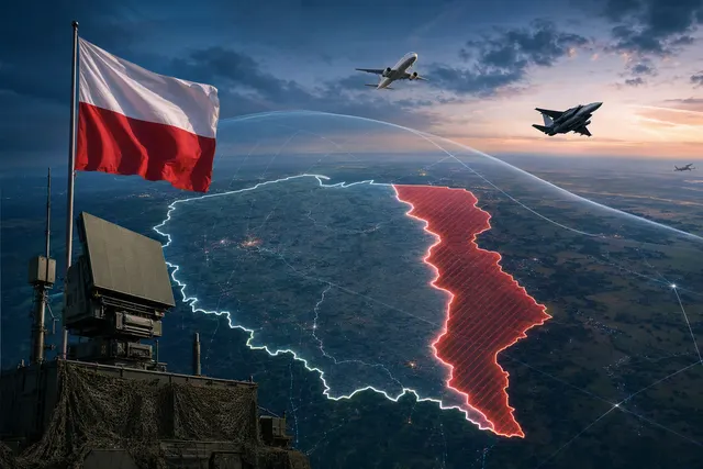 Editorial illustration of restricted airspace over eastern Poland