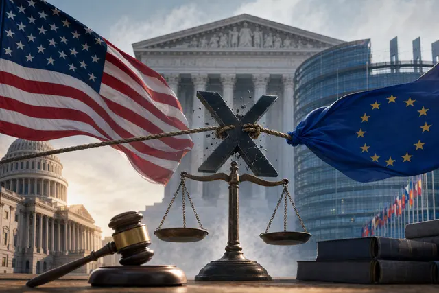 Editorial illustration representing the US legal challenge to the EU’s fine against X.