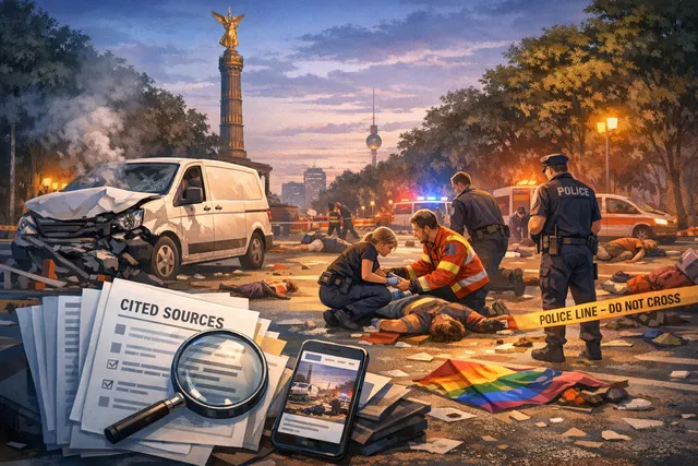 A moody, dramatic AI-generated image of a crowded Berlin street at night during a Pride event, with a white van in the foreground and emergency lights flashing in the background, c