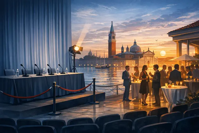 Editorial illustration of the Venice Film Festival jury press conference controversy, with Venice landmarks and press microphones
