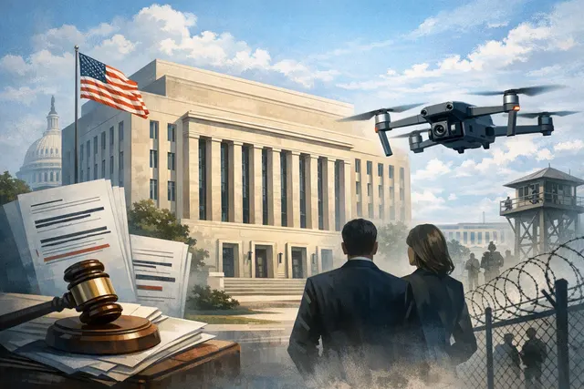Editorial illustration of a DJI drone, a U.S. courthouse, and classified legal documents