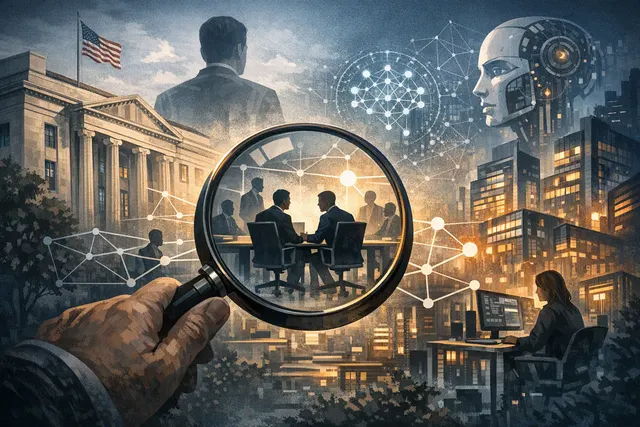 Illustration of overlapping AI company board seats and antitrust scrutiny involving a venture capital firm