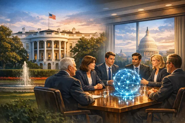 Conceptual illustration of the U.S. Capitol dome and AI circuitry representing government equity discussions with major AI companies
