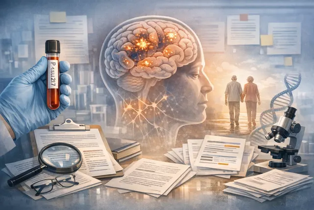 A conceptual medical illustration showing a blood test tube and a glowing human brain, representing the connection between the p-tau217 blood biomarker and Alzheimer's disease risk
