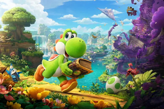 Yoshi exploring colorful storybook worlds inside the mysterious encyclopedia in Yoshi and the Mysterious Book