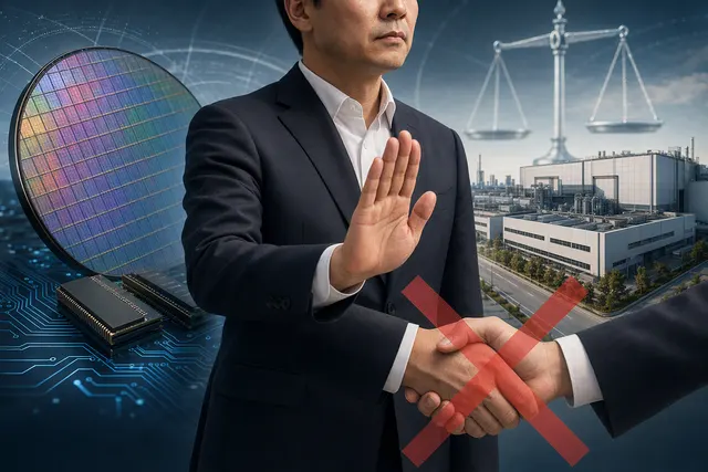 Editorial illustration representing NAND memory manufacturing and the Kioxia–SK Hynix production debate