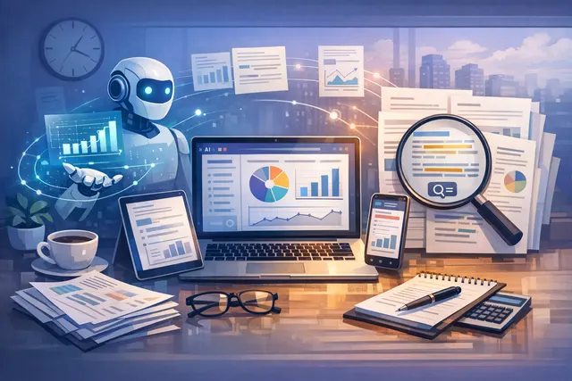 AI-generated image representing automated monthly marketing reporting with AI tools, showing charts, dashboards, and a futuristic data processing interface.