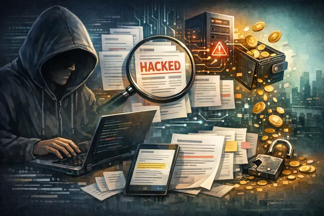 An abstract digital illustration representing a supply-chain cyberattack on a prediction market platform, with a broken chain link symbolizing the compromised third-party vendor