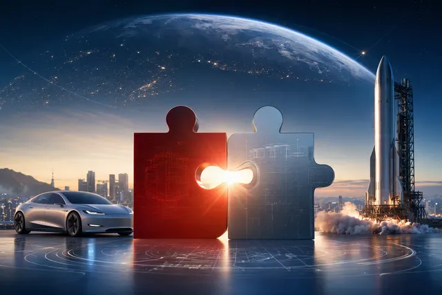 AI-generated editorial illustration representing a possible Tesla–SpaceX merger